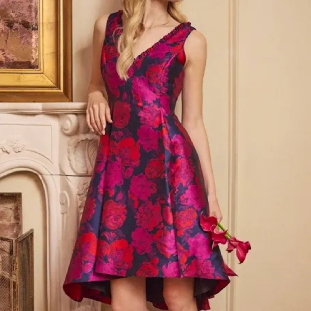 Adrianna Papell Fuchsia and Navy Floral High-Low Dress